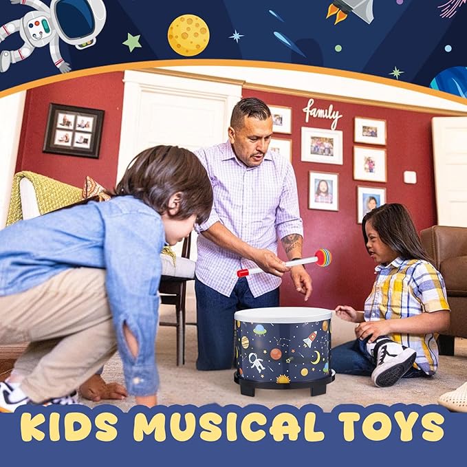 Boao Floor Tom Drum for Kids 8'' W x 6.5'' H Wooden Percussion Instrument Music Drum with 2 Rainbow Mallets Astronaut Educational Toys for Baby Children Toddler Boy Girl Birthday Gift