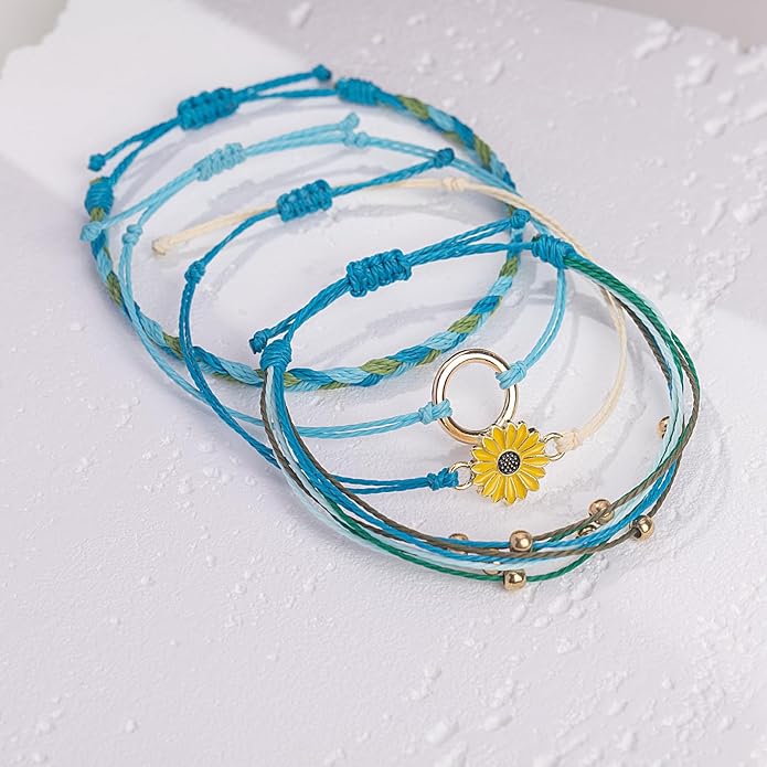 FANCY SHINY Sunflower String Bracelet Boho Braided Rope Wrap Bracelets Cute Summer Beach Surfer Jewelry for Women Christmas Gifts