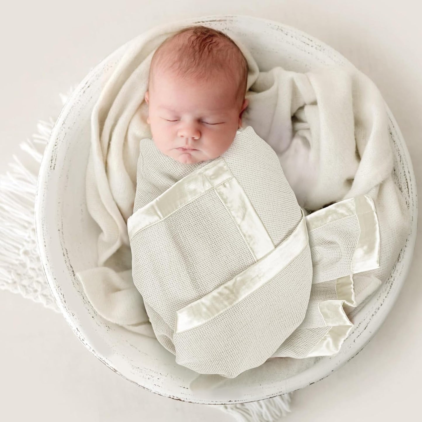 lulumoon Swaddle Baby Blanket: Waffle Blanket with Satin Trim - Breathable Toddler Blankets Perfect for Nursing Cover and Playtime - Cotton Crib Quilt for Daytime Naps 40"x36"(Cream)
