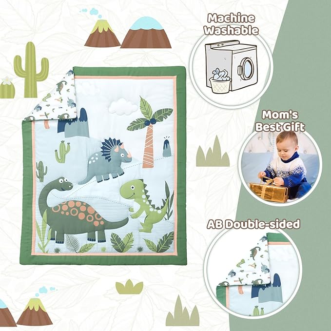 Wowelife Dinosaur Crib Bedding Set for Boys Green, Premium 3-Piece Baby Bedding Set, Nursery Crib Set, Newborn, Infant & Toddler Nursery Bed Set, Green Dinosaur