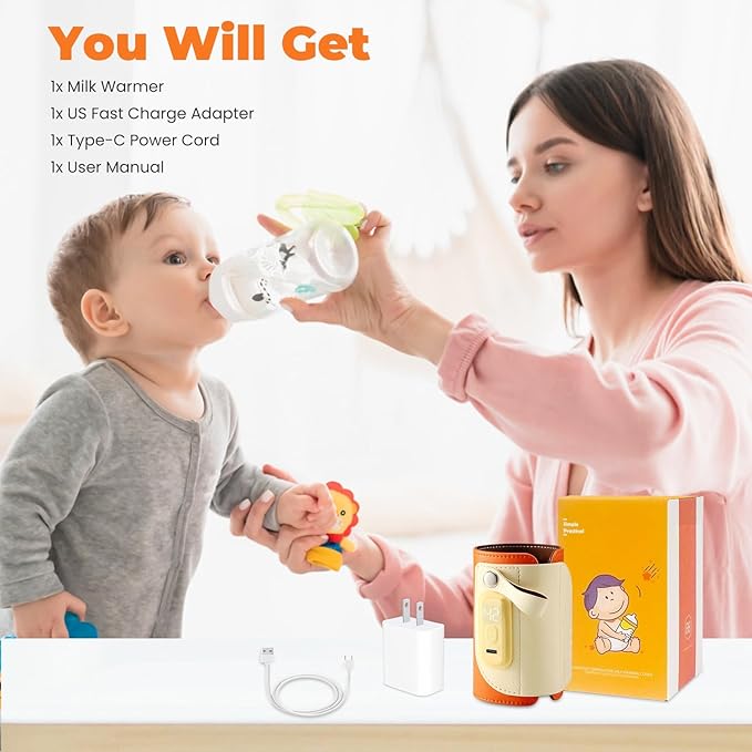 Baby Bottle Warmer – Portable Milk Warmer with 5 Adjustable Temperature Levels, LED Display & Fast Charging, Bottle Insulation Cover for Travel, Car & Outdoor Use