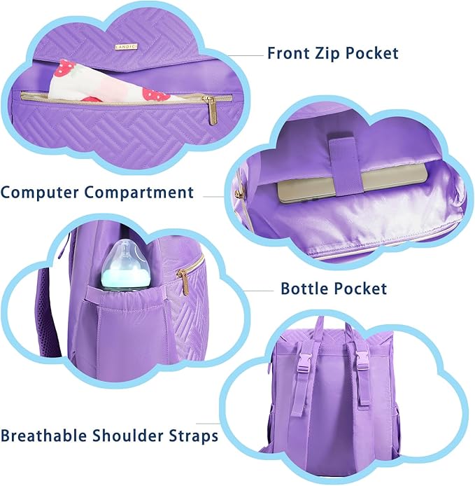 LANDICI Diaper Bag Backpack, Multifunction Waterproof Baby Diaper Bags with Changing Pad, Stroller Straps, Travel Essentials Stylish Back Pack for Mom Dad Boy Girls Toddler, Lavender