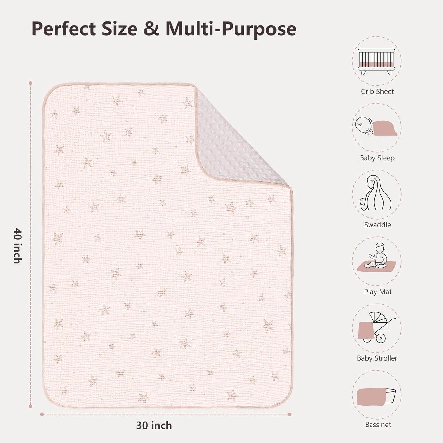 Susurration Baby Blanket for Unisex Boys Girls, Soft Nursery Minky Blanket with Muslin Cotton Front and Dotted Fleece Back, Receiving Blanket for Baby Newborn Infant, 30x40inch (Pink Star)