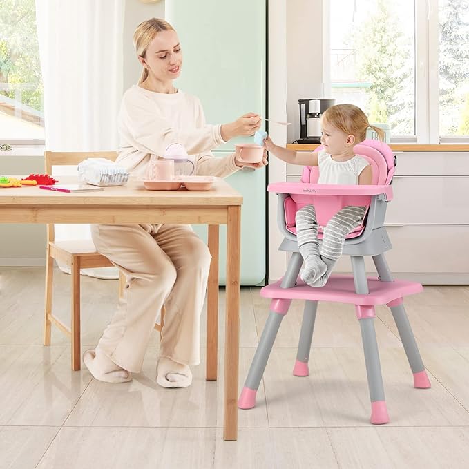 BABY JOY Baby High Chair, 8 in 1 Convertible Highchair for Babies & Toddlers | Booster Seat | Table and Chair Set | Building Block Table | Toddler Chair with Safety Harness, Removable Tray (Pink)