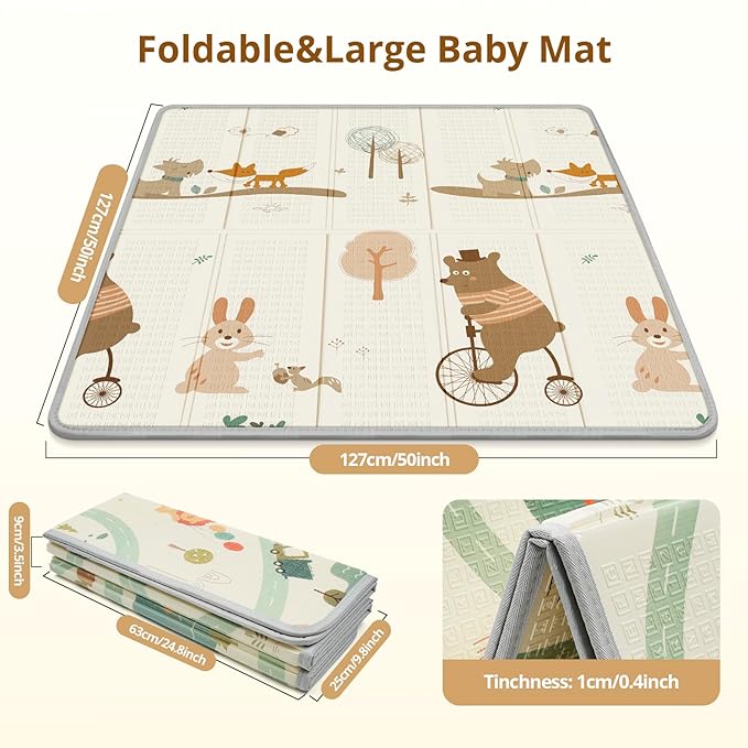 Foldable Baby Play Mat, PIGLOG Waterproof Playmats for Babies and Toddlers Kids, Safe Foam Playmat for Tummy Time, 50x50 Playpen Mat, Reversible Portable Baby Floor Mat for Infant, Toddler, Bear
