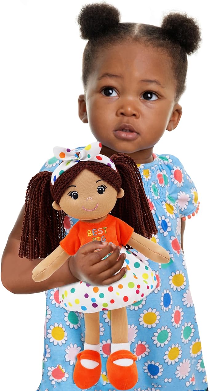 June Garden 14" Snuggle Cutie Lila – Best Big Sister Soft Plush Doll – Stuffed Girl Doll with Polka Dot Dress and Bow for Toddlers & Big Sister Announcements - Orange M