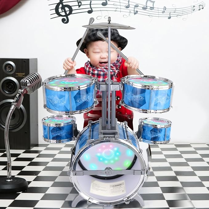 Kids Drum Set for Toddlers with 5 Jazz Drum Kit & Lights (Vibrating-Controlled) & Alloy, Musical Instruments Toys, Boys Gifts for Aged 1-3 3-5