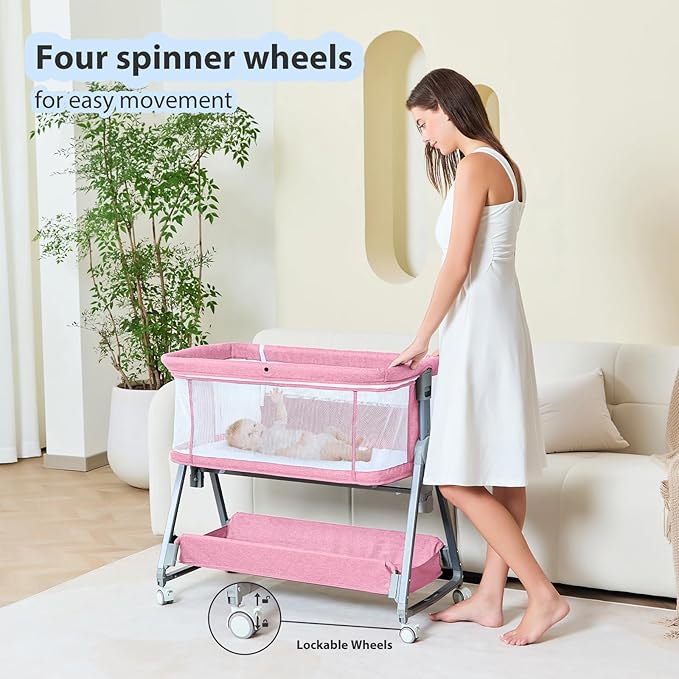 3-in-1 Baby Bassinet Bedside Sleeper with Wheels Bedside Bassinet for Newborn and Infant with Mattress and Storage Basket | Adjustable Height & Angle (13.5-18") | ASTM/CPSIA Certified (Pink)