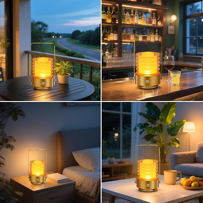 Outdoor Portable Table Lamp, 3 Colors Rechargeable Cordless LED Desk Lamp, Battery Operated Stepless Dimmable Touch Night Light, Small Lamp for Nightstand Bedside Bedroom Bar Camping Patio (Gold)