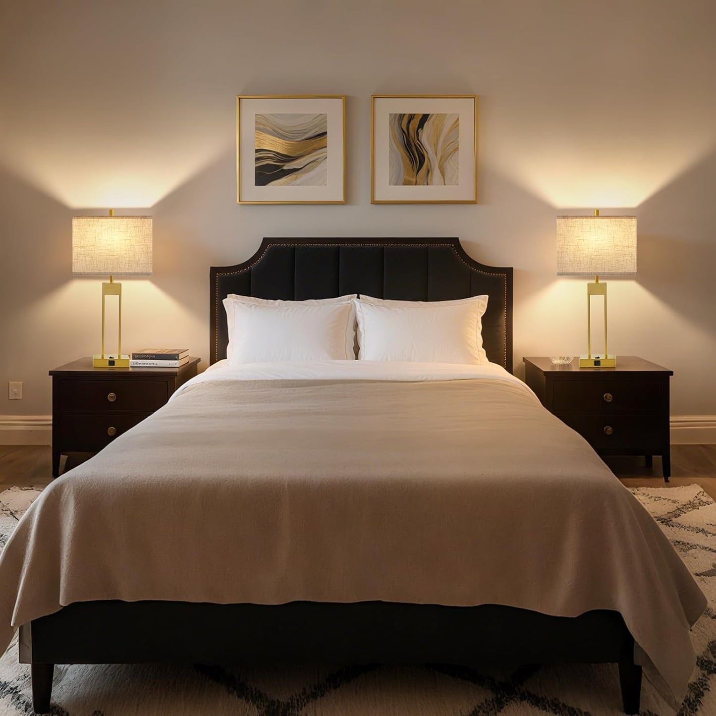 25.5" Nightstand Table Lamps for Bedrooms Set of 2, Bedside Lamp with USB C+A, 3 Colors Changeable Living Room Lamp, Modern Night Stand Lamps for Bed Side Guest Room Reading, Gold