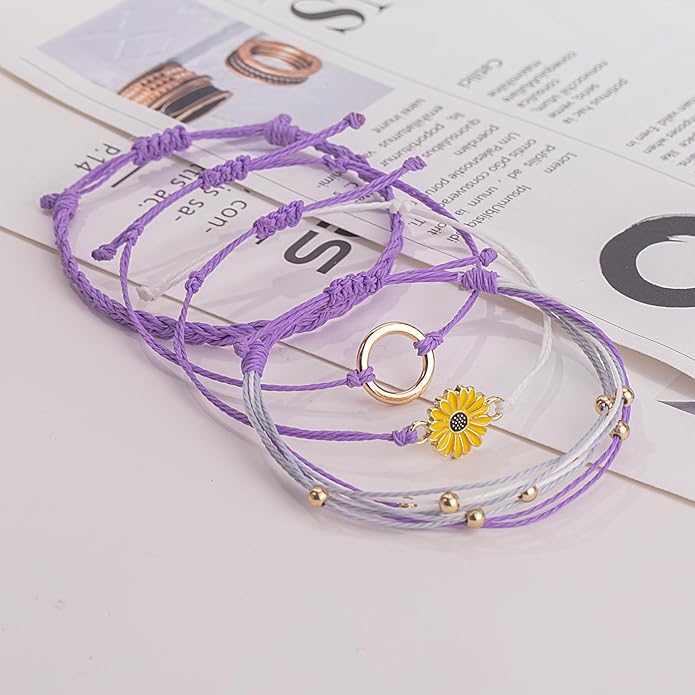 FANCY SHINY Sunflower String Bracelet Boho Braided Rope Wrap Bracelets Cute Summer Beach Surfer Jewelry for Women Christmas Gifts