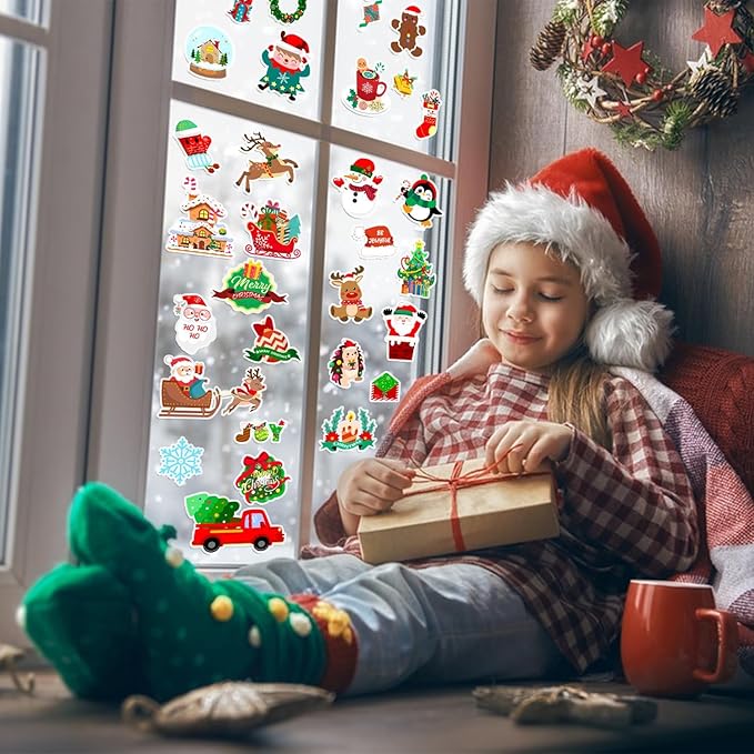 Window Clings Stickers for Kids Window Gel Clings Decals Thick Gel Clings Toddlers and Adults Classroom Home Nursery Airplane Birthday Party Supplies (Merry Christmas)