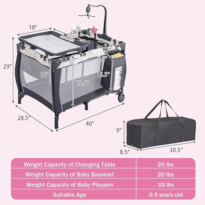 HONEY JOY Pack and Play, 3 in 1 Portable Baby Playard with Bassinet, Changing Table, Lockable Wheels, Music Box, Foldable Travel Baby Crib Nursery Center from Newborn to Toddler (Water Drop Gray)
