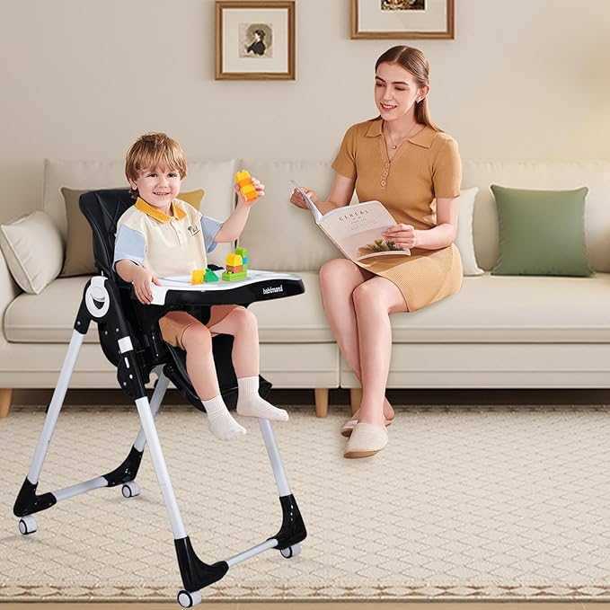 4 in 1 Baby High Chair, High Chairs for Babies and Toddlers, Foldable Highchair with 4 Wheels, 4 Levels of Recline and 7 Levels of Height Adjustment (Black)