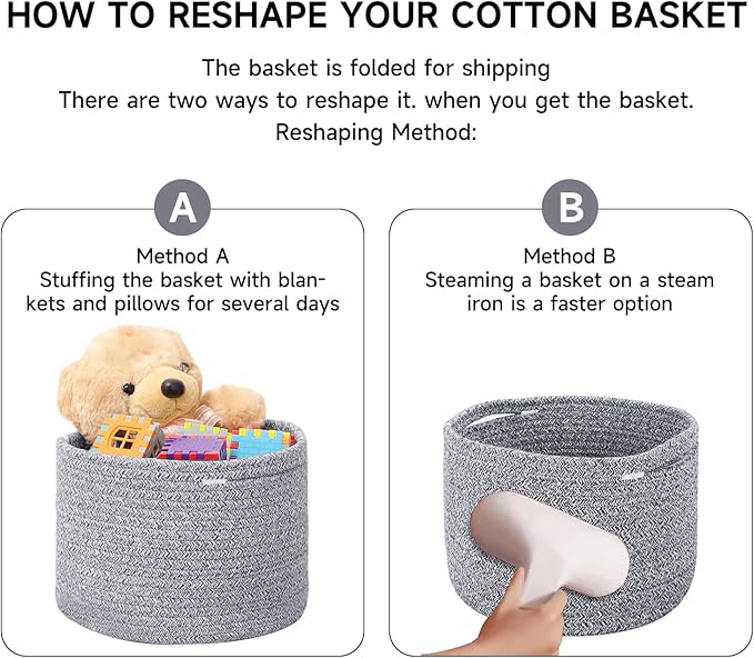 Small Basket for Organizing | Cube Shelf Closet Storage Baskets | 9.7×9.7×7.1” | Woven Rope Gift Basket | Nursery | Round 3 Packs Mixed Grey