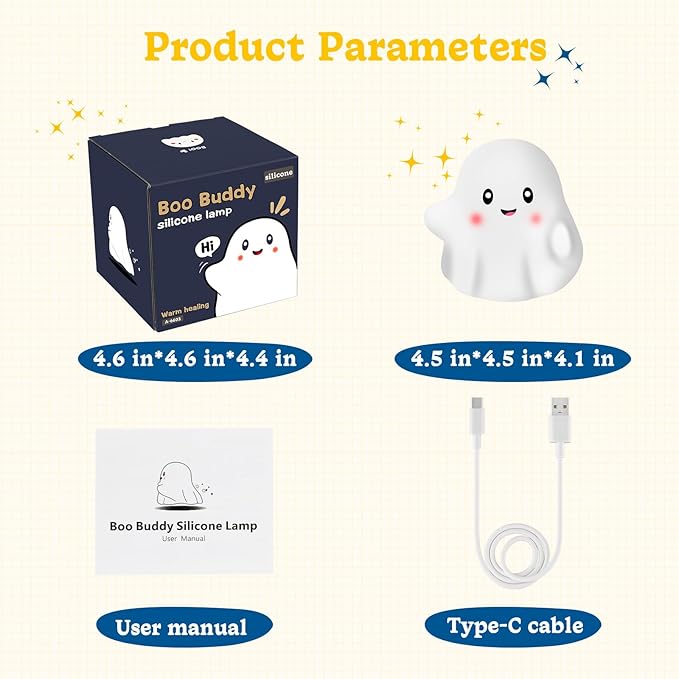 Ghost Night Light for Kids, Rechargeable Cute Night Lights with 1200mAh Battery and 19 Sounds/30 Min-Timer/3 Light Modes, 3000K Silicone Touch LED Night Lamp for Mom Bedroom Christmas Decor