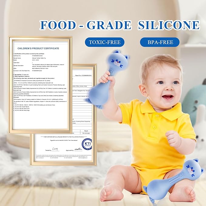 Baby Rattle Teething Toys Cat Silicone Teether Rattles for Baby 0-36 Months Food Grade Silicone (Blue)