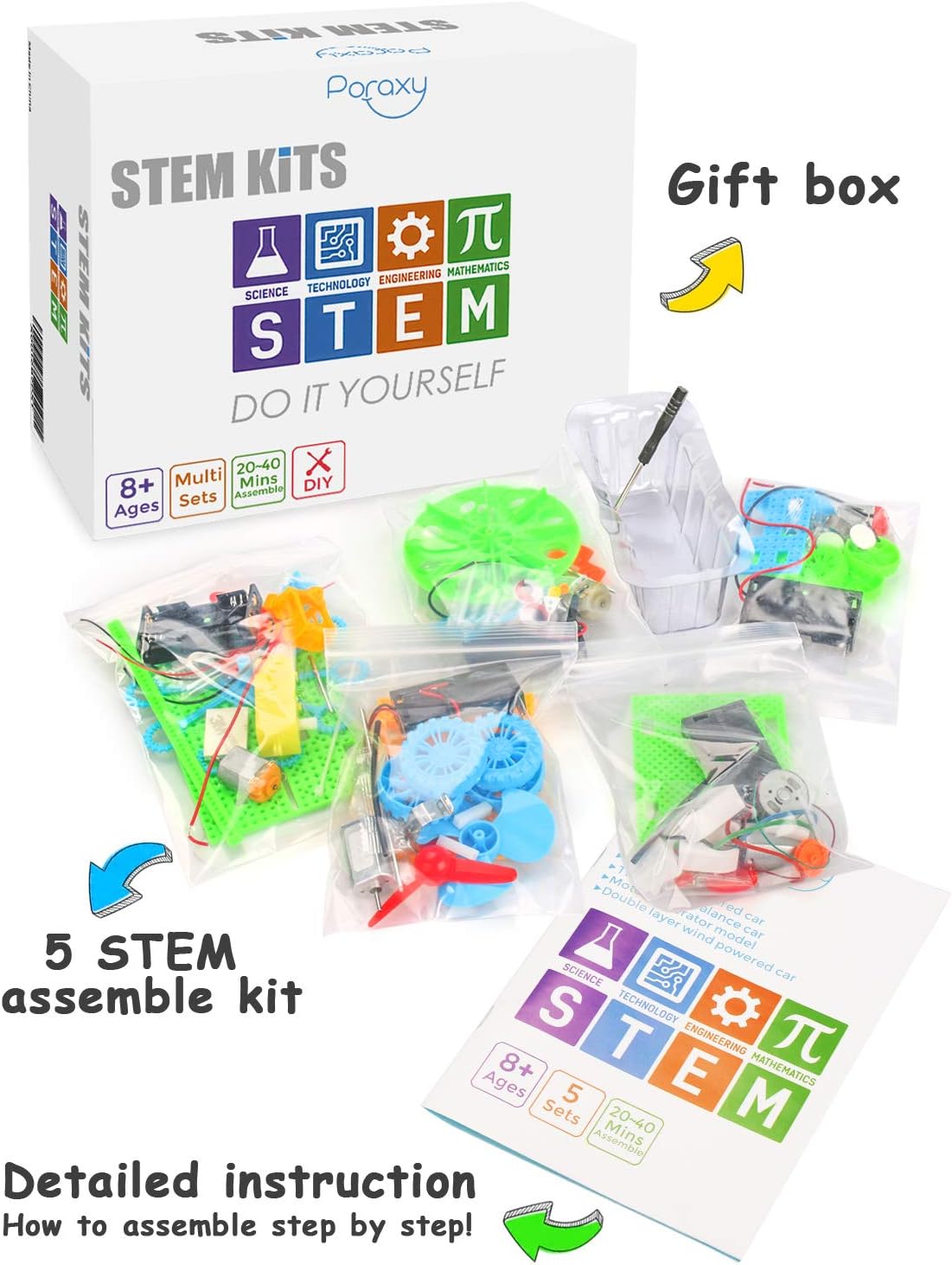 Poraxy 5 Set STEM Science Kits for Kids Ages 8-12, Robotics Model Car, Toys for Ages 8-13, Building Engineering Experiment Projects, Birthday Gifts for Boys Girls 6 7 8 9 10 11 12 13 Year Old