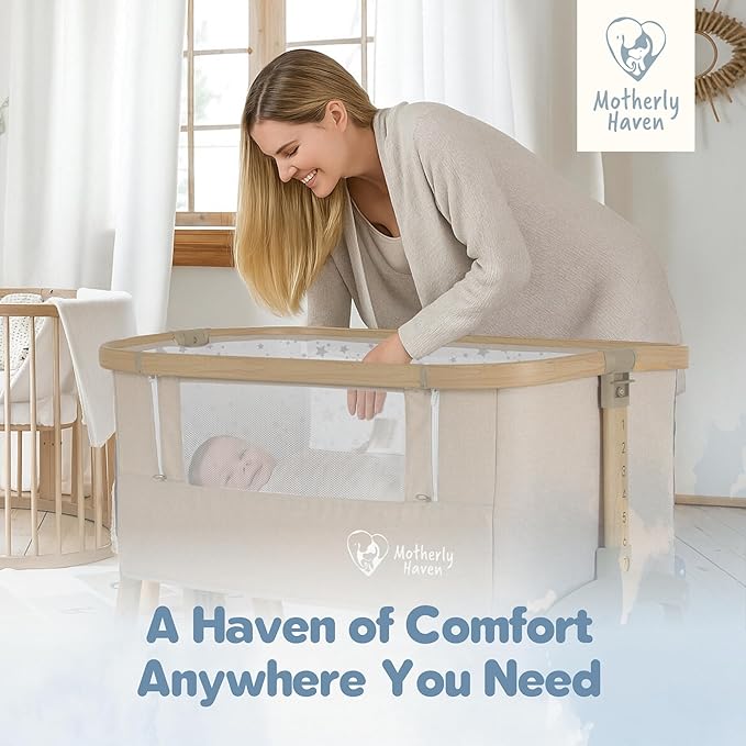 Baby Bassinet Bedside Sleeper, Portable Crib for Newborns, Adjustable 7-Height Auto-Lock, with Wheels, Soft Mattress & Breathable Mesh (Beige)