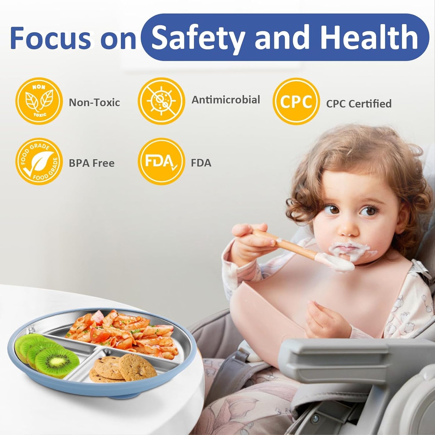 Stainless Steel Toddler Plate with Suction, 9” Divided Plates with Removable Silicone Sleeves for Kids, Non Toxic & BPA Free | Non Slip | Unbreakable Baby Snack Dishes Set of 2, Blue & Gray