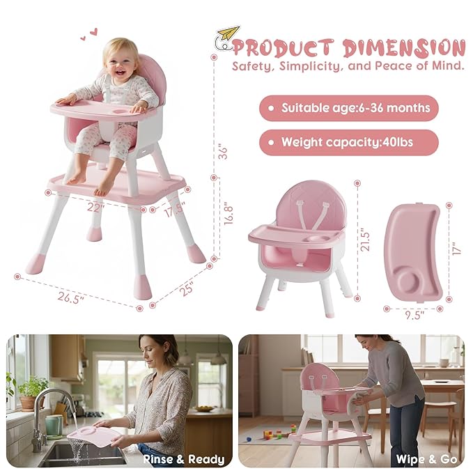 6 in 1 Baby High Chair, Convertible Highchair for Babies and Toddlers (Pink)