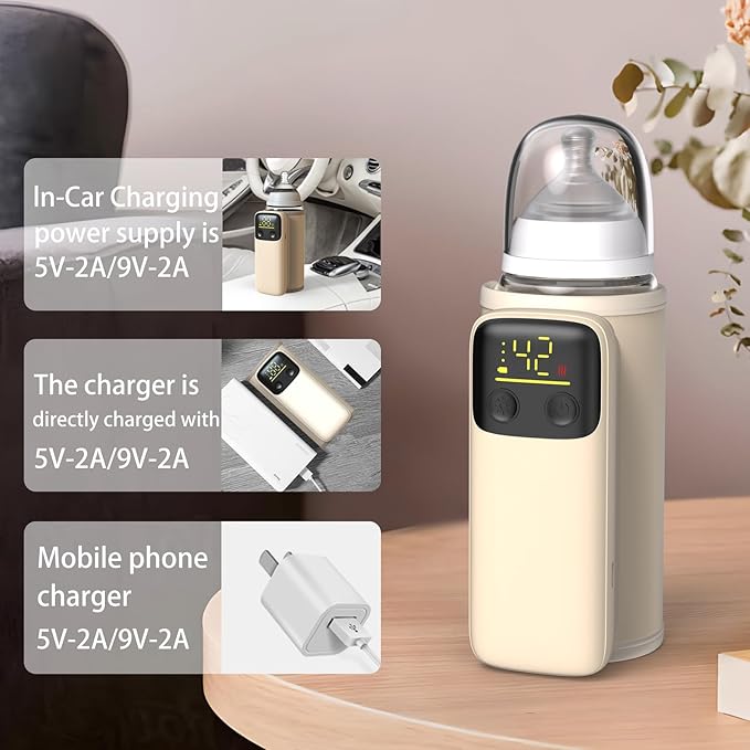 Portable Baby Milk Bottle Warmer for Breastmilk and Formula Feeding,Travel Fast Baby Bottle-Feeding Breast Milk Waterless Warmer,Rechargeable 6000 mAh Battery,Digital Display,Bottle Warmer On The Go