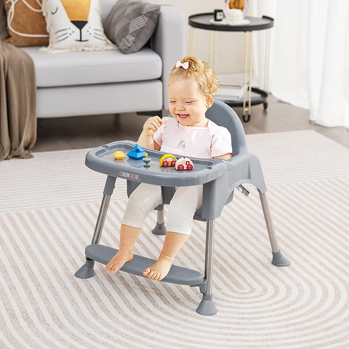 BABY JOY Baby High Chair, 4 in 1 Convertible High Chair with Adjustable Legs, Double Removable Tray, Safety Harness & Footrest, for 6-36 Months Babies & Toddlers (Gray)