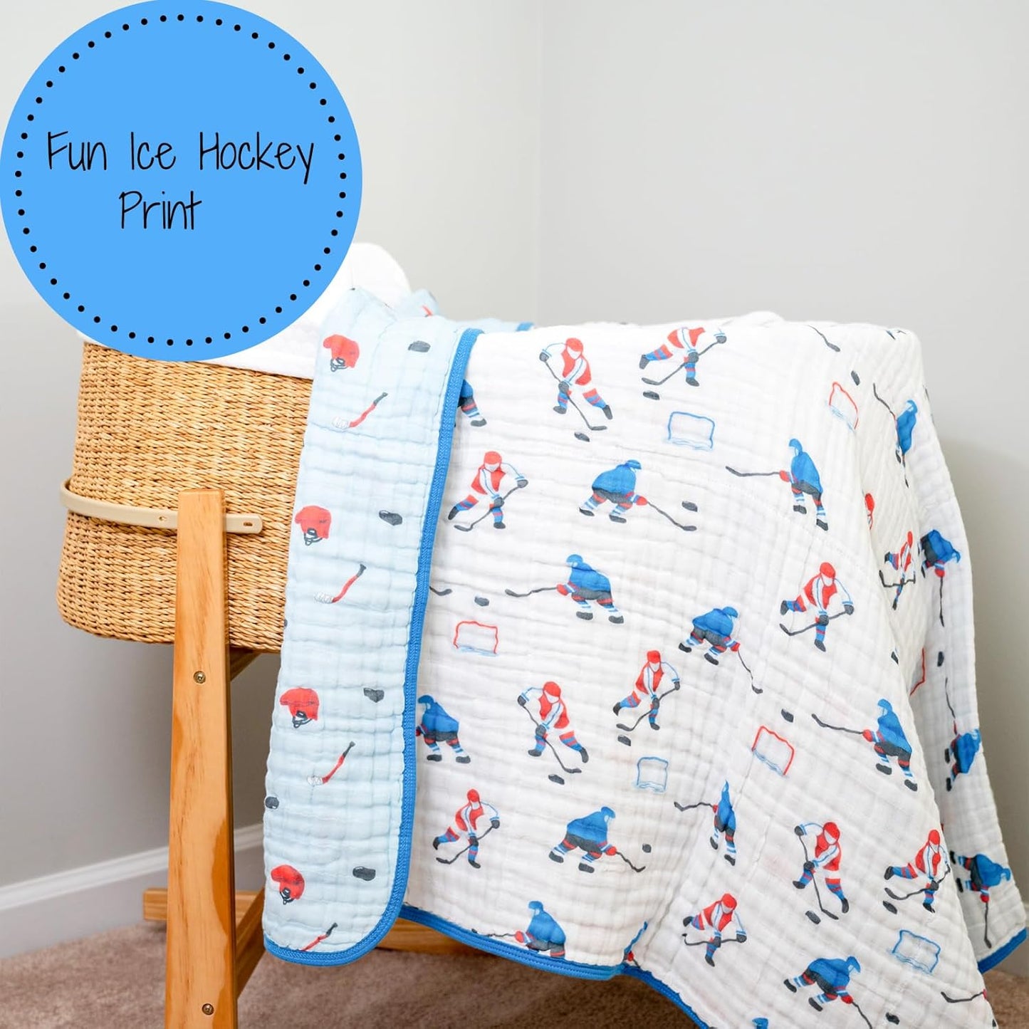 LollyBanks Muslin Blanket 100% Organic Cotton, Muslin Quilt Lightweight, 6 Layers Baby Blankets 47"x 47", Muslin Blanket for Boys, Nursery Receiving Blankets (Ice Hockey Print)