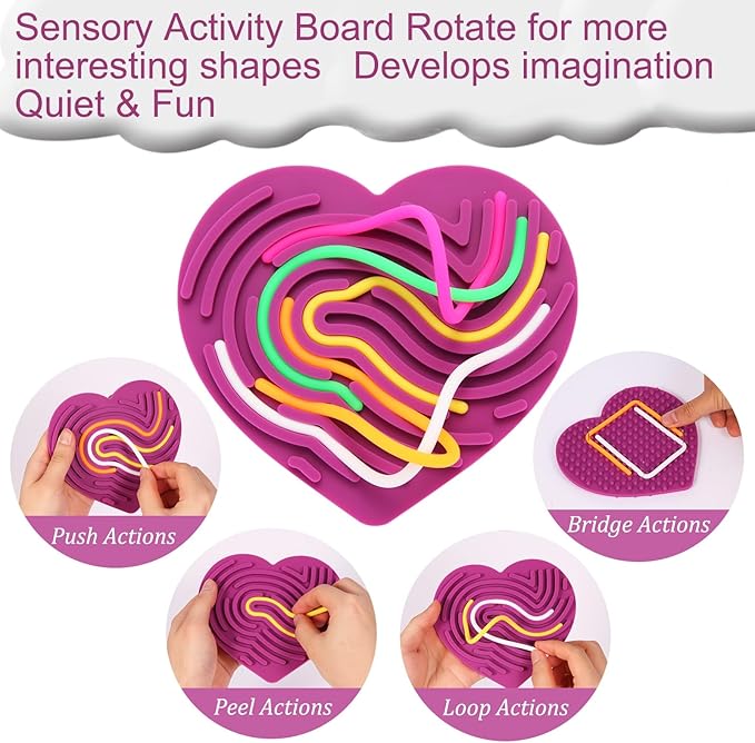 Sensory Activity Board - Double-Sided Silicone Fidget Toy Busy Board for Fine Motor Skill Silicone Calm Down Toy for Stress, Anxiety, ADHD & Autism, Kids 3+ & Adults Activities for Travel(Heart)