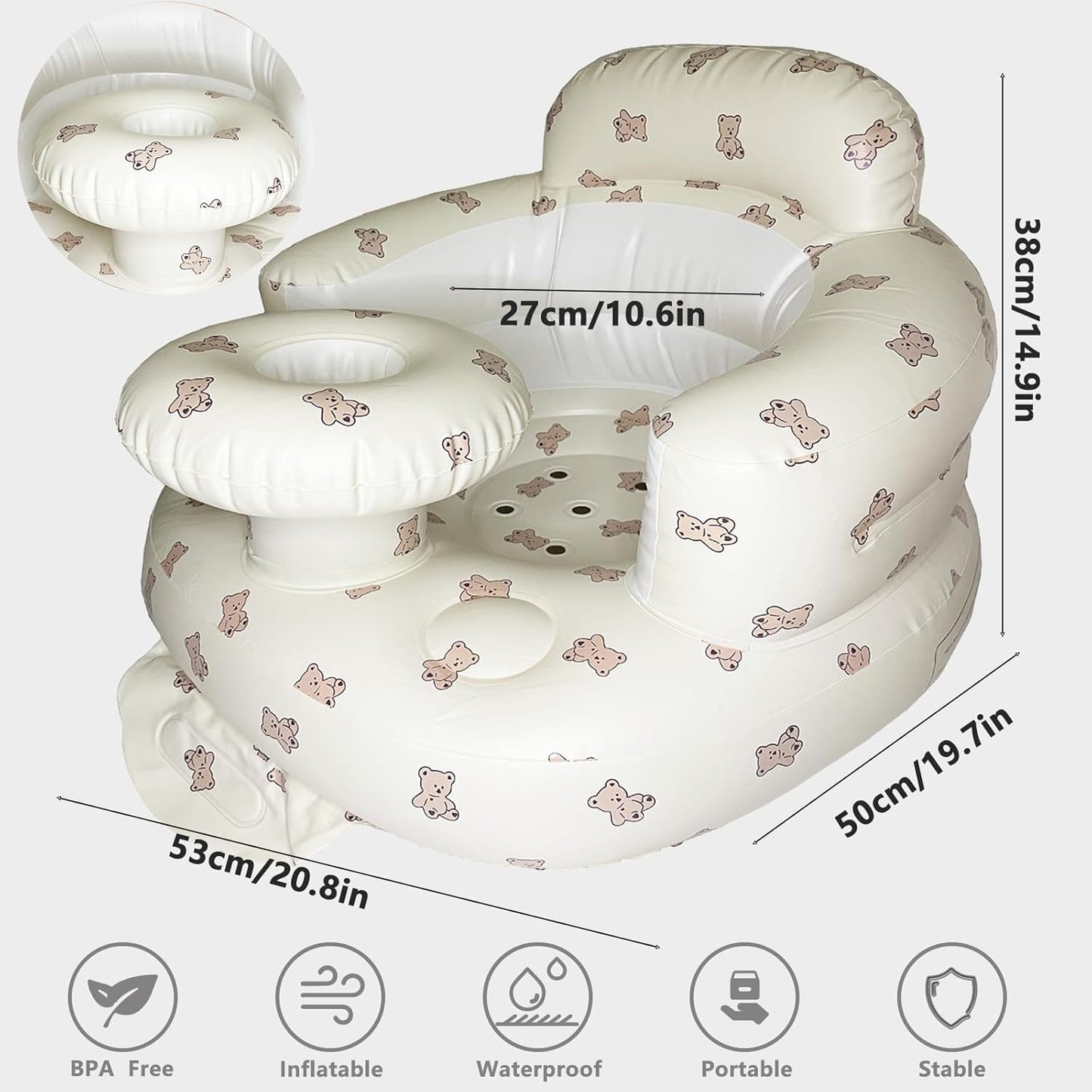 Baby Inflatable Seat for Babies 3-36 Months, Built in Air Pump, Bear Baby Support Seat Summer Toddler Chair for Sitting Up, Baby Shower Chair Floor Seater, Infant Back Support Sofa, Green