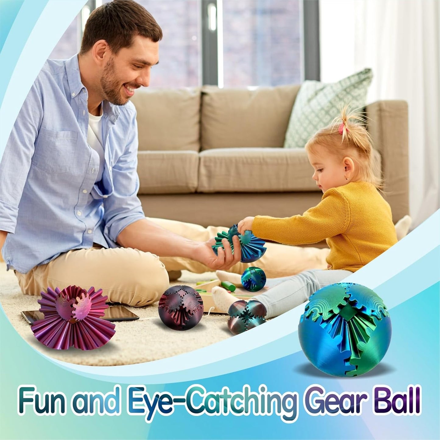 GearSphere Fidget Toy, 3D Printed Gear Ball Spin Ball Cube Desk Toy, 2024 Gear Sphere Cube Puzzle for Adults Kids, Stress and Anxiety Relaxing Fidget Toy (Blue-Green)