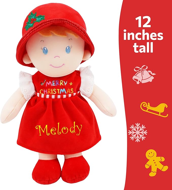 June Garden Personalized Soft Dolly Emilia - Stuffed Soft Baby Doll for Birth and Up with Custom Name - Christmas Special Edition