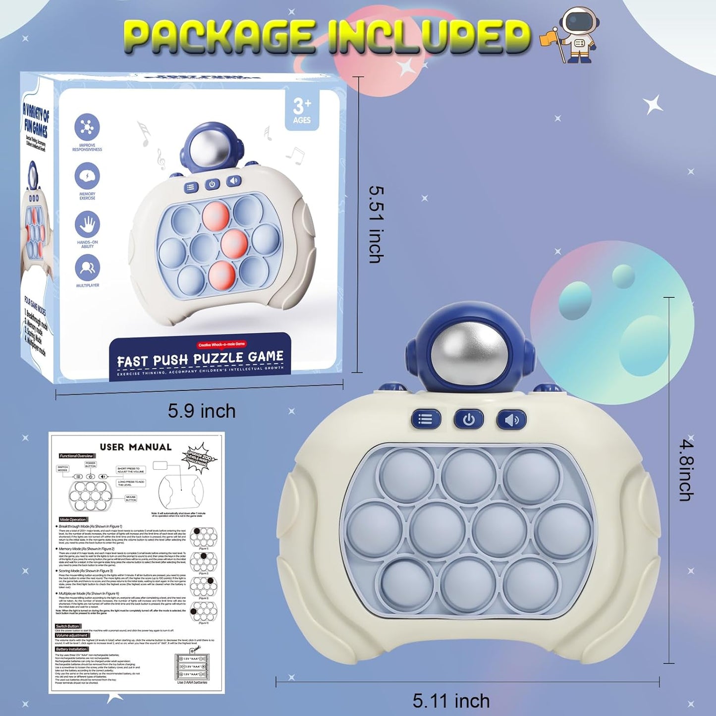 Quick Push Pop Game Fidget Toys for Kids Adults, Handheld Puzzle Game Machine, Squeeze Poppet Sensory Fast Push Bubble Toy, Xmas Birthday Gifts for Boys Girls (Astronaut Red Light)