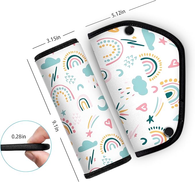 Kid'S Seat Belt Cover Pad, Neck & Abdomen Cushion For Children- Soft And Breathable Straps Cover Support For Booster Seat, Strollers, And High Chairs | Hypoallergenic Travel Accessory, Rainbow