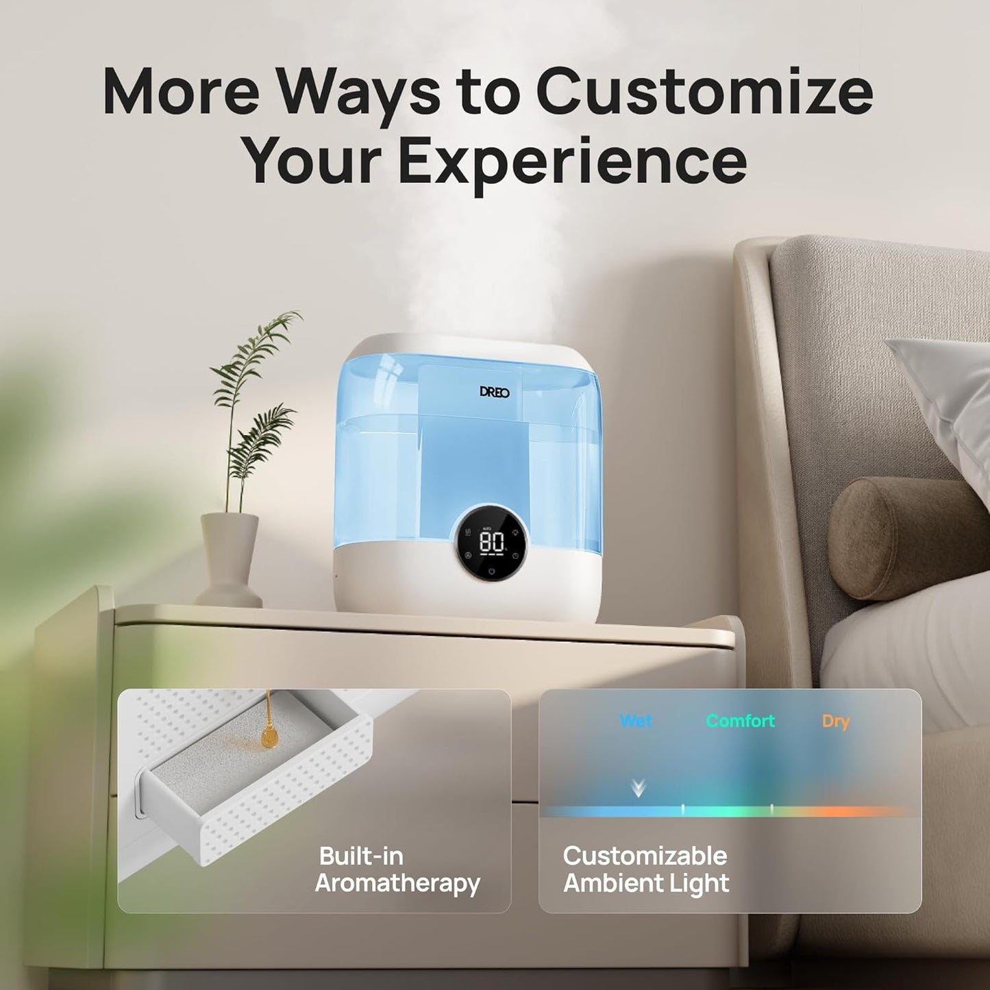 Dreo Smart Humidifiers for Bedroom, 6L Top Fill Supersized Cool Mist Humidifier for Large Room, 60 Hour Runtime, Quiet Ultrasonic Humidifiers for Plants, Baby, Indoor, Home, Night Light, Blue