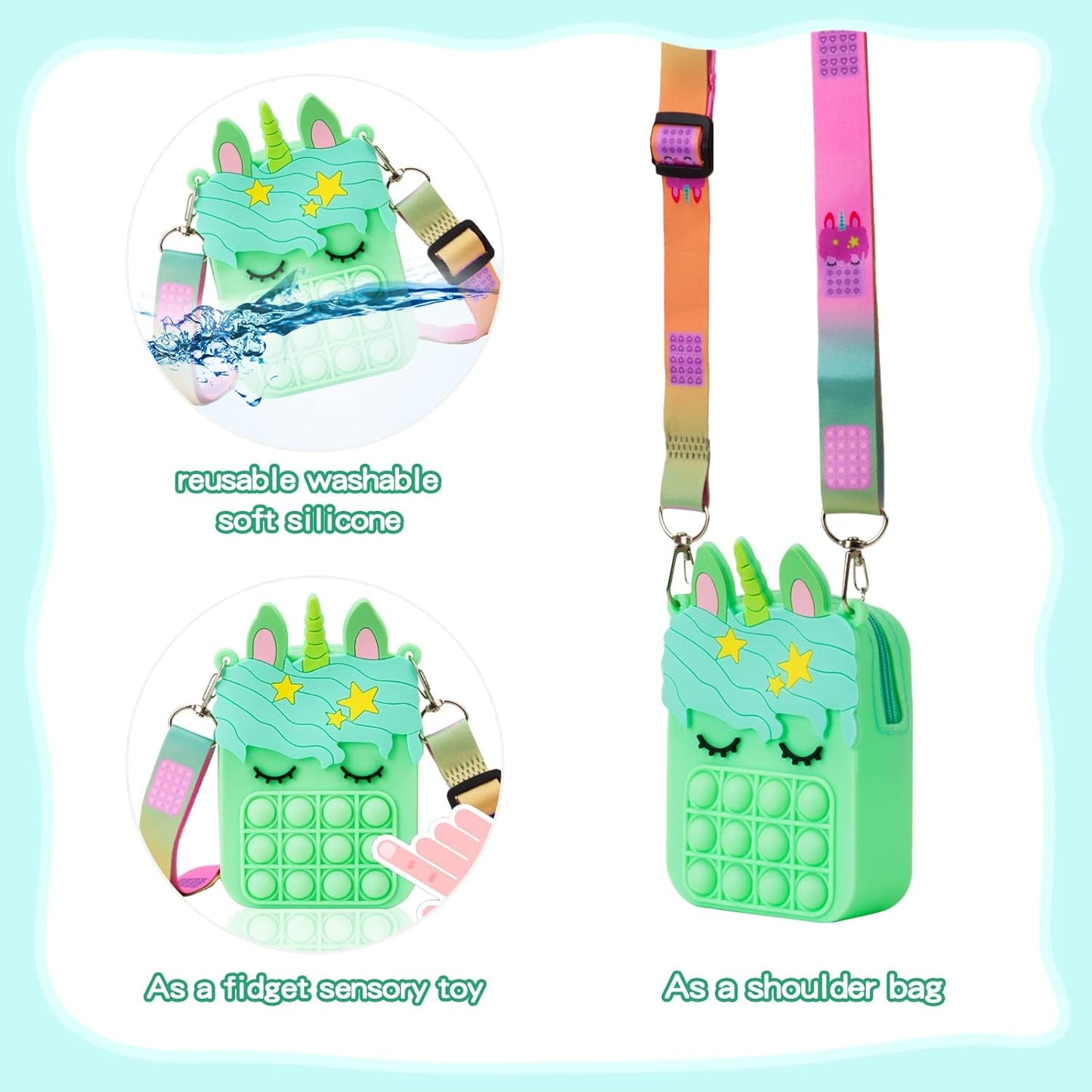 Civan Small Pop Purse, Green Bags Kids Girls Toys Unicorn Pop Purse for Girl and Women Pop Bag Unicorn Pop Toy, Shoulder Bag Fidget Toys Pop Fidget Backpack Toy for ADHD Anxiety