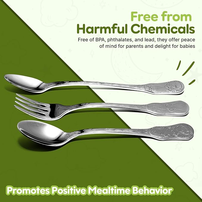 Kleynimals Safari Friends Made in USA Baby Flatware – 100% Stainless Steel Baby Forks and Spoons, Non-Toxic, BPA-Free, Eco-Friendly, Dishwasher Safe – Safe Utensils for Babies & Toddlers