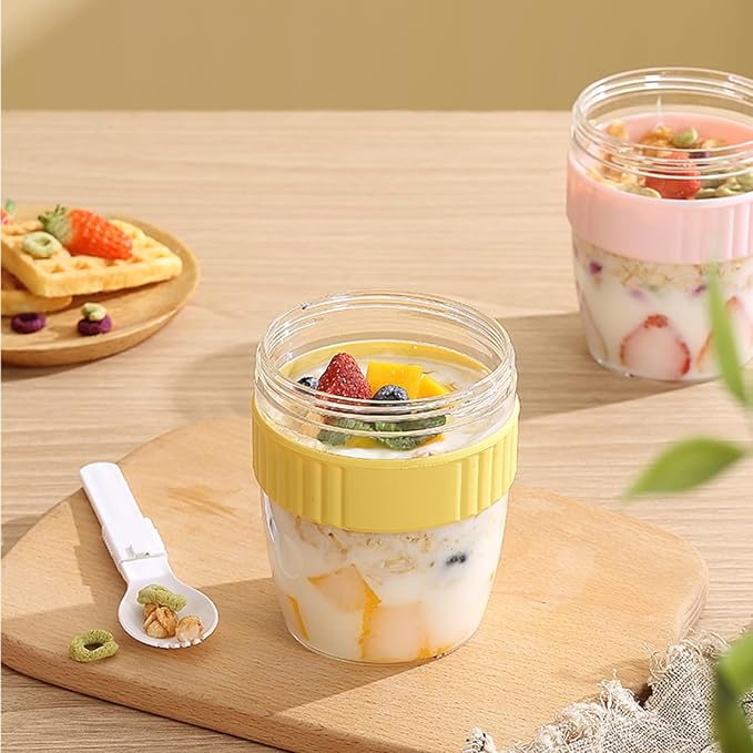 Breakfast On The Go Cups, Overnight Oats Containers With Lid And Folding Spoon, Take And Go Yogurt Cereal Snack Parfait Salad Containers For Lunch, Fruit & Vegetable Jar, 20 oz(Purple)