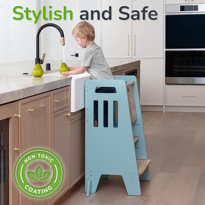 OCODILE Toddler Tower with a Sliding Door and 3 Adjustable Heights - Complete Toddler Kitchen Stool Helper with Support Feet - Safe Design for 18+ Months to 6-Year-Old Kids - Blue