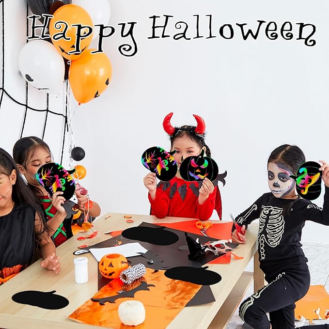 Jenaai 150 Set Halloween Scratch Art Halloween Paper Crafts Kit, 50 Pumpkin Scratch Cards Ornaments 50 Wooden Sticks 150 Ribbons for Rainbow Art Trick or Treat Party Supplies Game Goodies Gifts