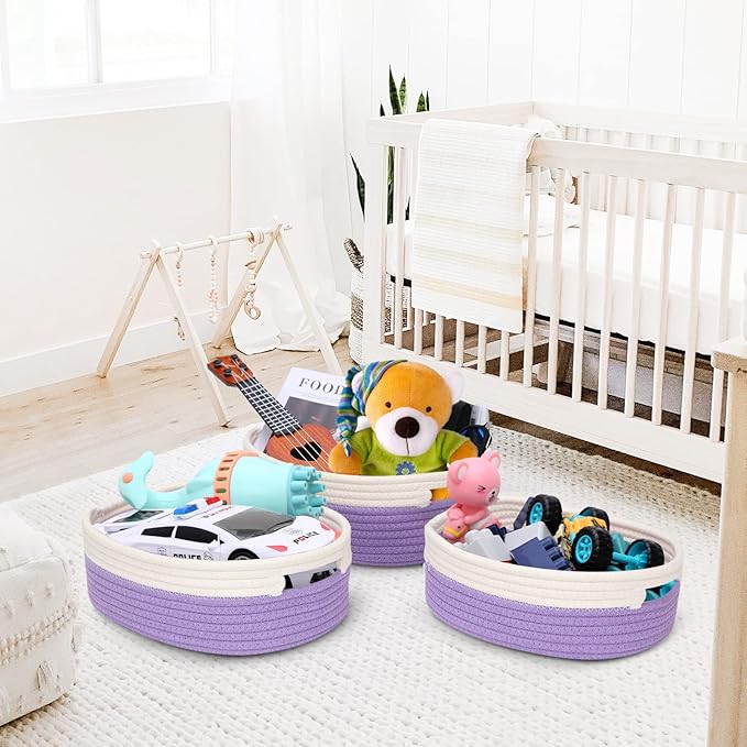 7 Piece Cotton Rope Woven Basket Set - Small Basket for Baby Nursery, Pets, Montessori, Dog & Cat Toy Boxes, Bathroom Organization Bins (White/Purple)