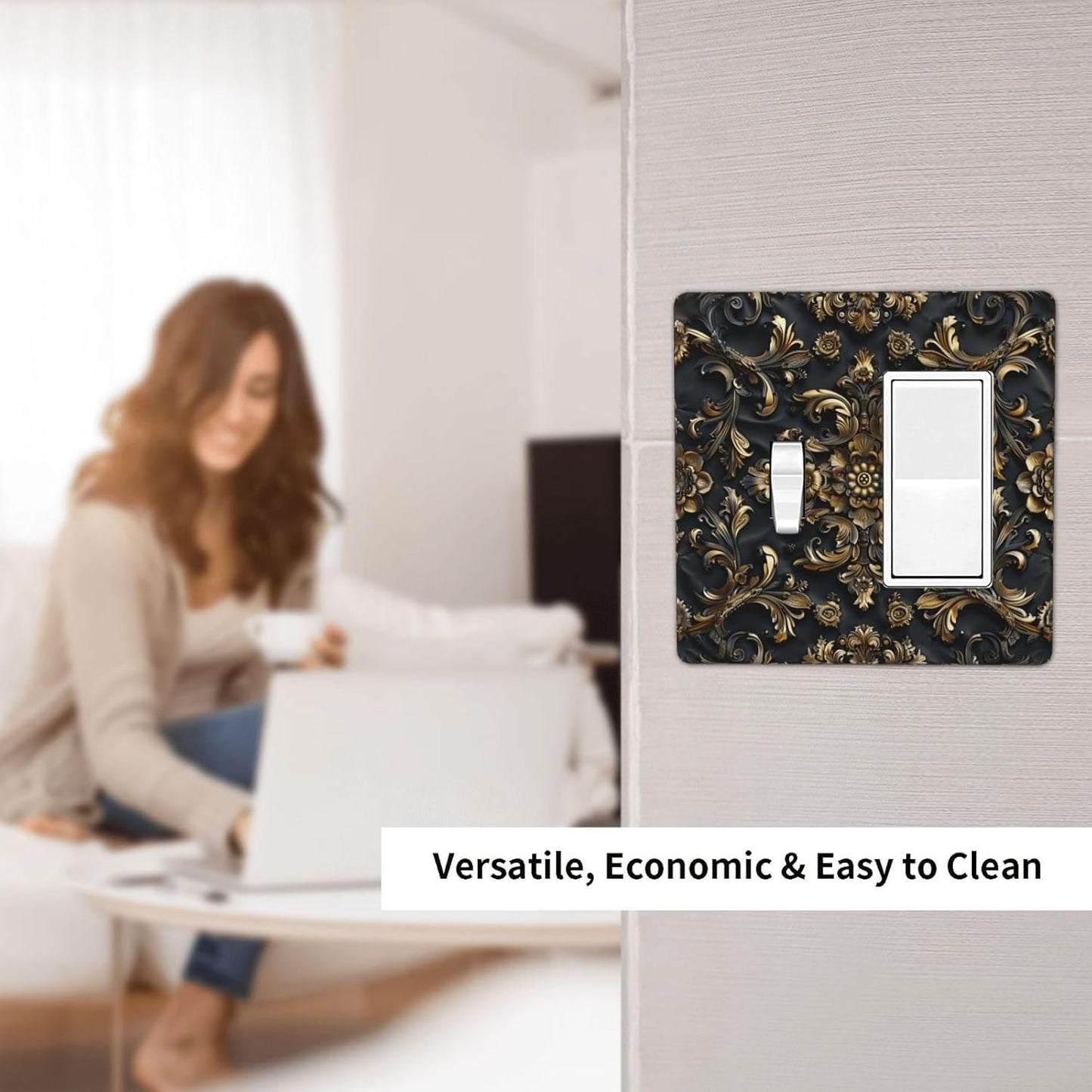 Decorative Outlet Covers Rococo Vintage Black Golden Leaf Morris Vine 2 Gang 1 Gang Wall Plate Cover Single Toggle Rocker Combo Light Switch Cover Plate Face Plate for Bedroom Decor