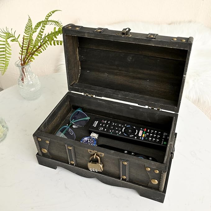 Vintage Wooden Treasure Chest Decorative Box with Lock - 12.2" x 7.1" x 7.1", Black