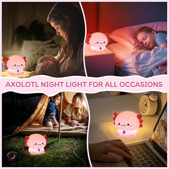 Axolotl Night Light for Kids - 3-Level Dimmer & Auto-Off Timer, Child-Safe Silicone Lamp, USB-C Rechargeable Nursery Light for Bedroom Breastfeeding (Squishy Animal)