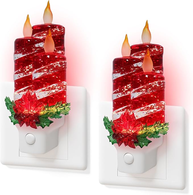 2 Pack Christmas Candle Night Light Plug into Wall Glitter Water Nightlight with USB/Outlet Options, Christmas Decorative Nightlight for Bedroom Kitchen Nursery Holiday Decorations Gifts (Red Candle)