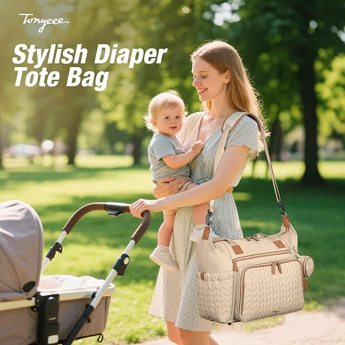 Diaper Bag Tote, Large Baby Diaper Bags Waterproof, Hospital Bag for Labor Delivery with Pacifier Case, Changing Pad, Shoulder Strap, khaki