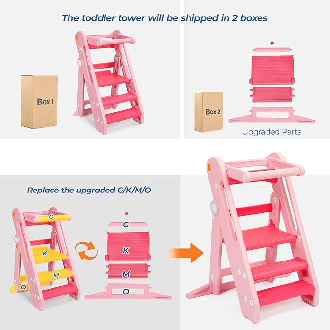 Onasti Toddler Tower Kitchen Stool Helper, Foldable & Adjustable Height Kids Learning Stool for Kitchen Counter Bathroom Sink, Child Ladder for Toddlers with Handles, Safty Rail, Non-Slip Pads - Pink