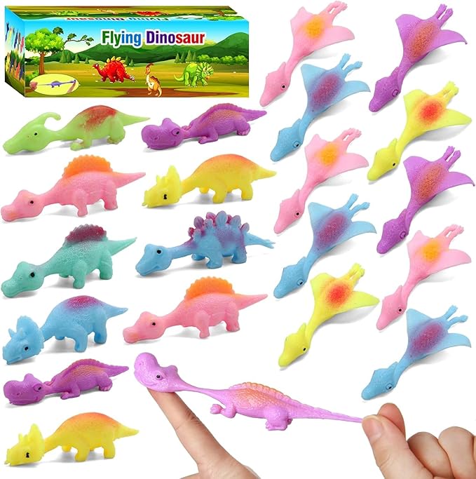38 Pcs Slingshot Dinosaur Finger Toys, Halloween Toys Party Favors for Kids Sticky Rubber Dino Flying Catapult Fidget Toys for Boys Girls Goodie Bag Easter Basket Stuffers Valentines Xmas Gifts