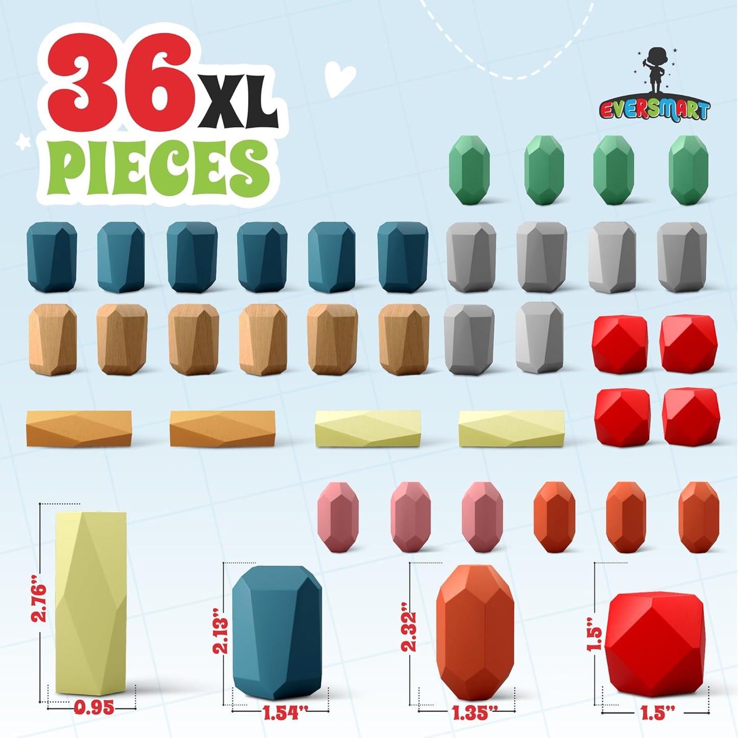 36 Pcs Wooden Stacking Blocks β Montessori Toys for 1 2 3 4 5 6 Year Old Toddlers and Kids, XL Rocks, No Choking Hazard β Sensory STEM Building Stones, for Girls and Boys