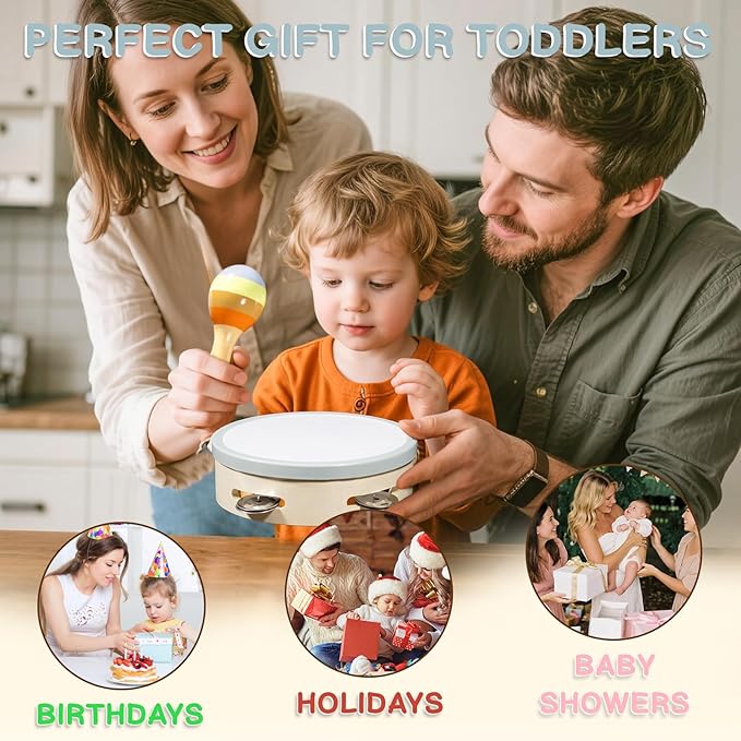 Baby Musical Instruments Set - Montessori Wooden Toys for Toddlers 1-3, Neutral Colors Drum Percussion Instruments Set with Modern Boho Xylophone, Preschool Educational Tool for Kids Age 3+